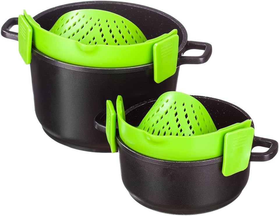Silicone Snap Strainer 2 Packs Clip-on Kitchen Food Strainer for Spaghetti, Pasta, Ground Beef Grease and More， Universal Most Pots, Pans & Bowls（ Green