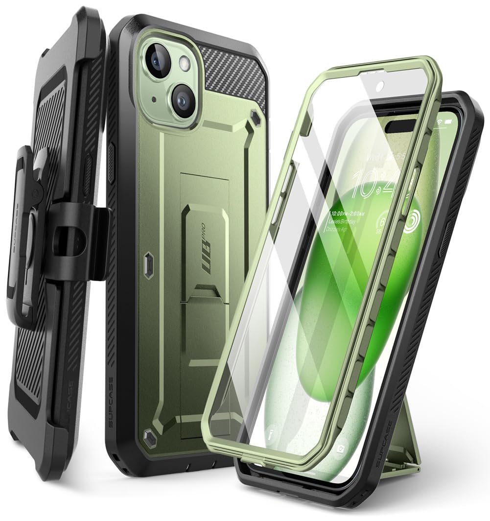 SUPCASE for iPhone 15 Case with Stand & Belt-Clip(Unicorn Beetle Pro), [Built-in Screen Protector] [Military-Grade Drop Protection] Heavy Duty Rugged Phone Case for iPhone 15 6.1 Inch 2023, Guldan
