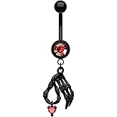 COCHARM Black Skeleton Hand Belly Button Ring Dangle Halloween Belly Rings for Women 14G Belly Piercing Jewelry Stainless Steel
