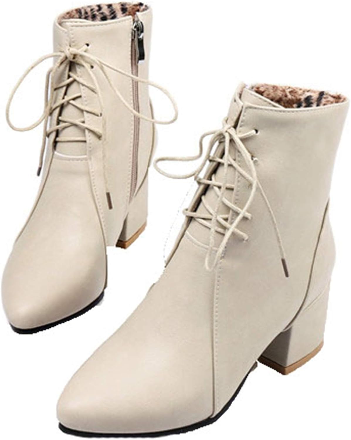 Jwans Women Winter Short Boots Waterproof Warm Pointed Toe Leather