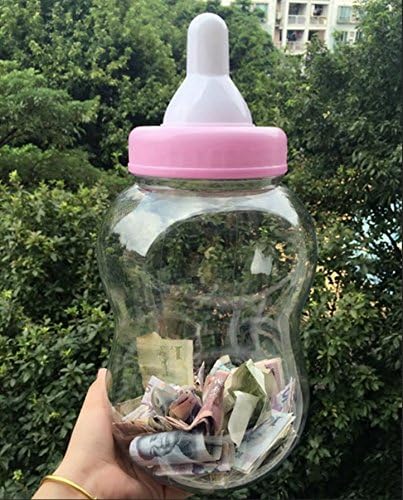 URTop 13" Cute Pink Milk Bottle Shape Coin Box Money Bank Piggy Banks Storage Bottle Fillable Baby Shower Faovr Plastic Decoration Centerpiece