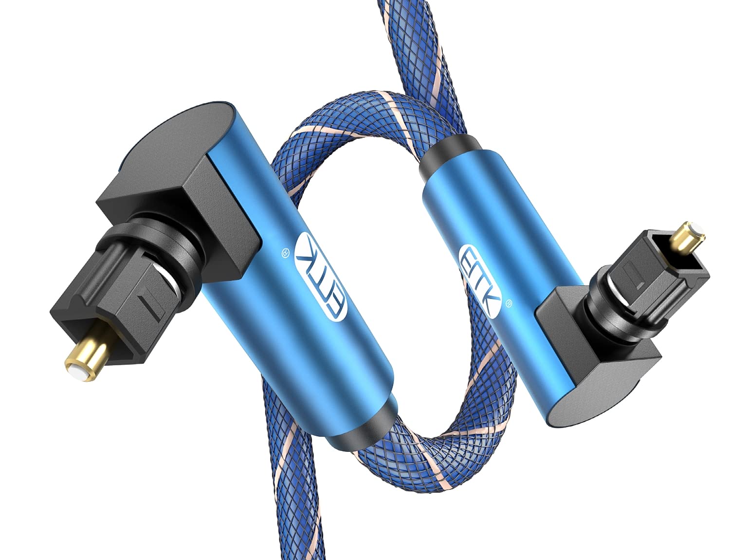 EMK Right Angle Optical Cable, 90 Degree Rotatable TOSLINK Plug Fiber Optic Cord for Blu-Ray Player, Soundbar, HDTV, PS3/PS4, Xbox and More (1M, Dual Angle Blue)
