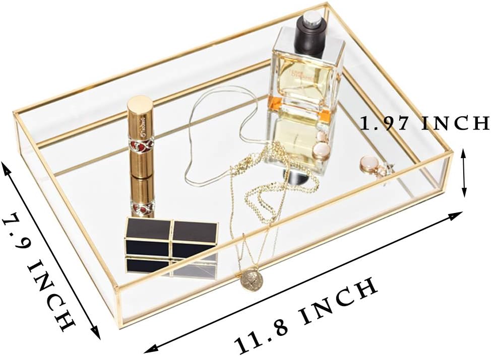 CHICHIC Gold Mirror Tray Jewelry Organizer Vanity Tray Jewelry Tray Perfume Tray Dresser Tray Decorative Tray, Glass Metal Makeup Tray for Bathroom Bedroom Cosmetics Storage, 11.8 x 7.9 Inch: Home & Kitchen