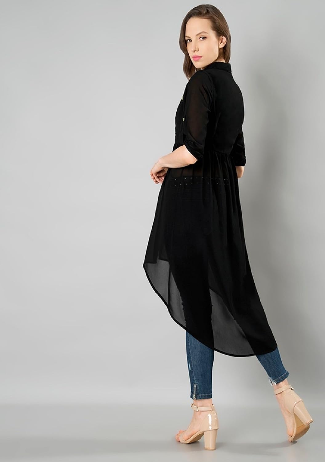 mizago women's casual-elegant chiffon blouse high-low black/peach top women long dress shirt