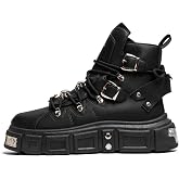 YRZHGDL Men's Gothic Leather Motorcycle Chunky Platform Boots Lace Up Round Toe High Top Metal Buckle Non-Slip Lightweight Punk Fashion Sneakers for Streetwear Night Out Party Riding Daily Comfort