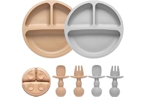 Eascrozn Silicone Baby Feeding Set, 2 Pack Divided Baby Plates with Suction, 2 Pack Spoons and Forks Set, BPA Free, Baby Led Weaning Supplies for Toddler Utensils Baby Feeding Essentials