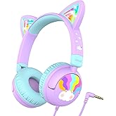 iClever Kids Headphones Cat Ear, LED Light Up, 85dBA Safe Volume, Stereo Sound Toddler Headphones for Travel School, Foldable 3.5mm Wired Kids Headphone for iPad Tablets, Meow Lollipop-Purple