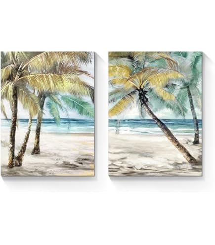Lienzo Tropical Para Pared - Olas Del Océano Y Hojas De Palm