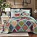 DaDa Bedding Cotton Patchwork Quilt - Fairy Forest Glade Floral Print Bedspread Set, Turquoise Real Patchwork, Queen, 3-Pieces