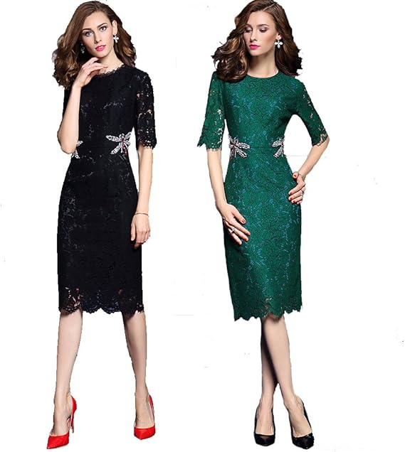 Amazon Co Jp Bafei レース ワンピース 春夏 トンボ グリーン 2xl レディース 丸首ドレス リリーレースのドレスひ ざ丈 パーティー 五分袖 結婚式 二次会 披露宴 服 ファッション小物