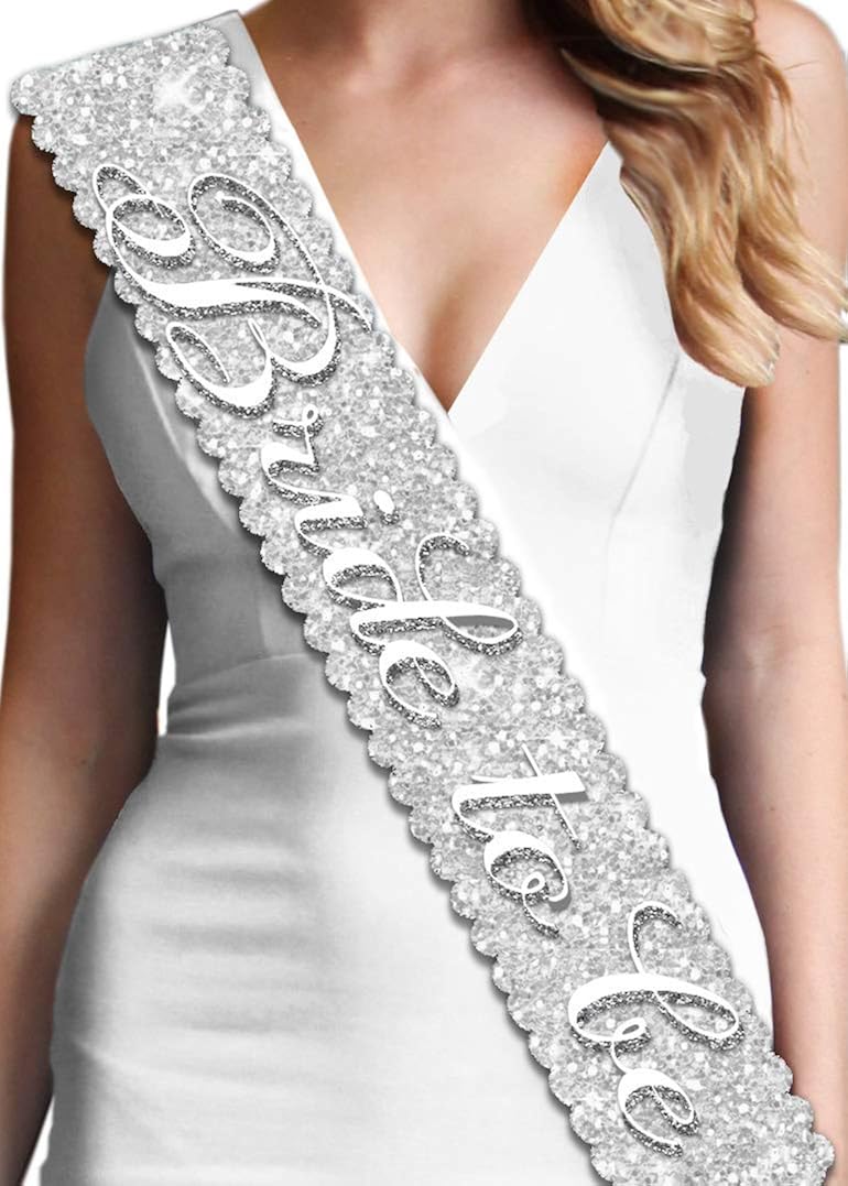 Bride To Be Sparkle Silver Sash - Premium BRIDAL Scalloped Sash for Bachelorette Party - Bridal Shower Decorations & Supplies - Silver: Clothing