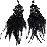 Long Black Feather Tassel Dangle Drop Rhinestone Crystal Flower Statement Stud Earrings for Women Bride Wedding Party Exaggerated Fashion Jewelry