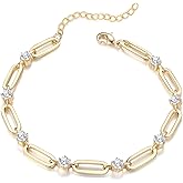 14K Gold Plated Bracelets for Women 7 Inches with 1.2 Inches Extender Paperclip Link Chain Bracelet Cubic Zirconia Jewelry Gifts Trendy for Women Men