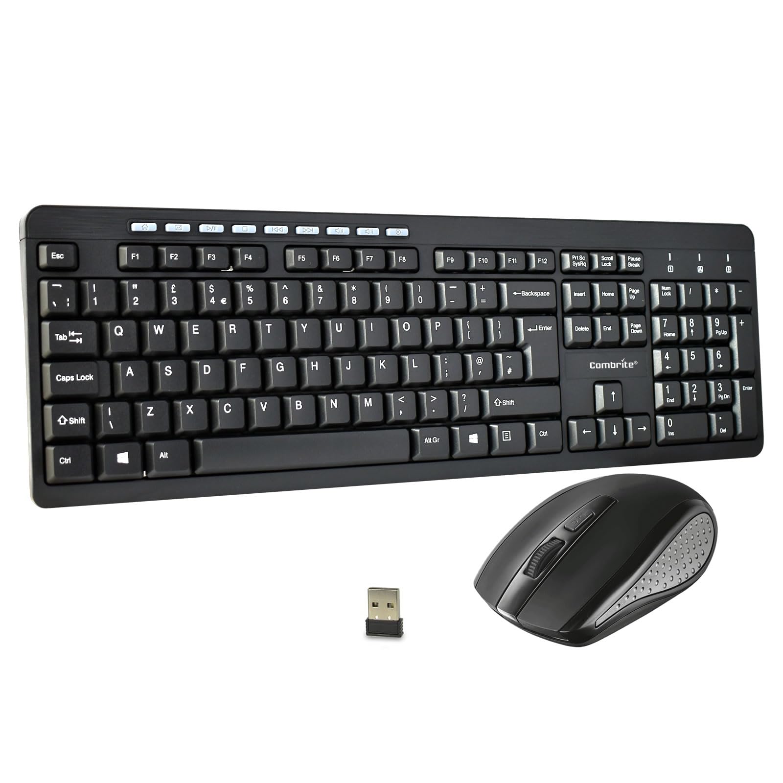 Combrite Wireless Keyboard And Mouse Set, Ergonomic 2.4Ghz Cordless, Slim Multi-Media Shortcut Keyboard, Comfort Wireless Optical Mouse Adjustable DPI, English UK Layout (KM200W)