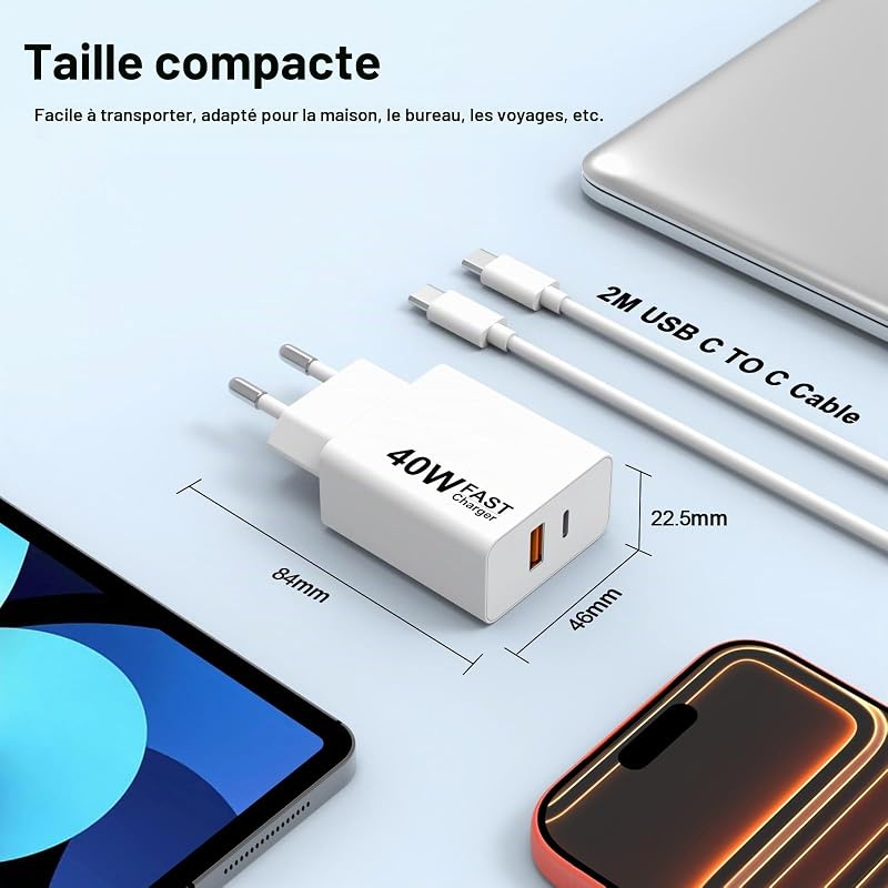 40W Chargeur Rapide pour iPhone 17 Pro Max 17 Air iPhone 16 15 Pro Max Plus 16e, iPad S25 S24 Ultra S23/S22 S21 S20,Dual Ports USB A and C Prise Chargeur Adaptateur Et 2M Cable C vers C Câble(2Pack) — photo 7 sur 8