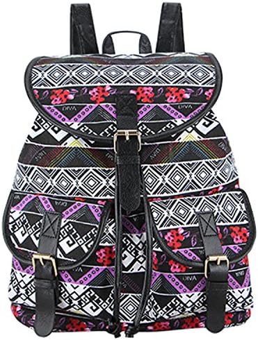 Orlyvrie School Bag Bohemian Vintage Women Backpack Drawstring Printing Canvas Bagpack Sac a Dos Femme Rucksack Female BlackRosePurple