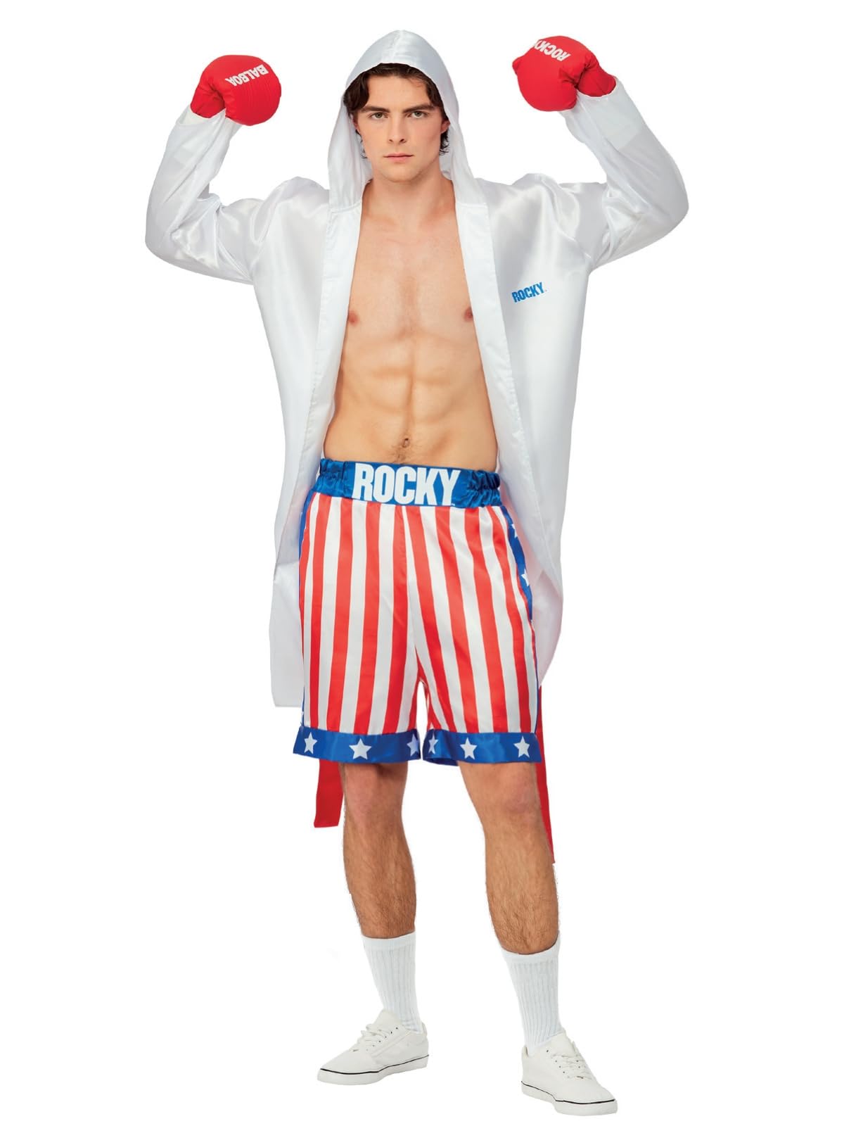 Smiffys Rocky Balboa Costume for Adults, Hooded Robe, Gloves & Shorts, Official Rocky License Outfit with Elasticated Waist & Signature Rocky Gloves Included, Train Like the Italian Stallion