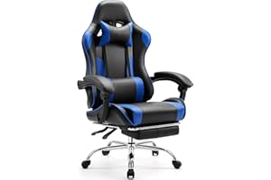 Sweetcrispy Video Game Desk Chair - Ergonomic Computer with Footrest and Comfy Lumbar Support, PU Leather Recliner with Headrest, Fixed Up Armrest, Height Adjustable with 360° Swivel, for Adults, Blue