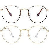 Onrtry Circle Blue Light Glasses for Women Men Round Metal Frame Computer Gaming Eyeglasses 2 Pack
