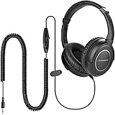 Avantree HF039 Long Coiled Cord Headphones for TV and PC with Volume Control, Stero/Mono Control,16.4 Feet / 5M Extended Range Cable, 3.5mm AUX Audio, Stereo Sound Spiral Wired Over Ear Headphones