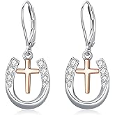 MEDWISE Lucky Horseshoe Leverback Earrings S925 Sterling Silver Rose Gold/Gold/Black Faith Horseshoe Pendant Dangle Hypoallergenic Earrings Jewelry for Horse Lover Mother Daughter Mothers Day Gifts