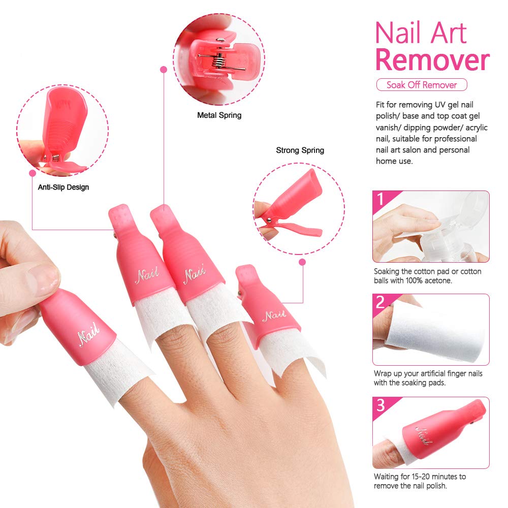 Gel Nail Polish Remover Kit for Acrylic/UV Gel/Soak-Off Polish Removal, Nail Clips to Remove Polish Set with Cotton Pads/Acetone Pump Dispenser/Nail Foil Wraps/Cuticle Pusher/Nail Files/Cleaner Brush : Beauty