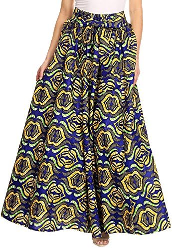 Novias Women Casual High Waisted African Summer Print A Line Maxi Long Skirt With Pockets(Geometric 8)
