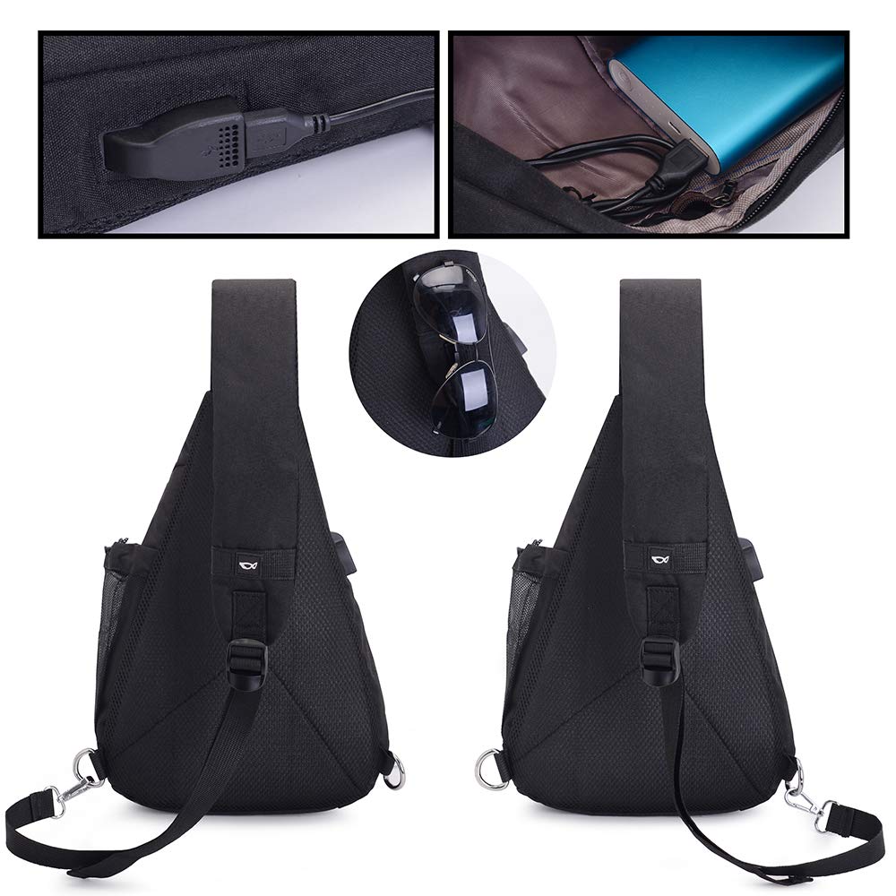Pecho Mochila SINOKAL Bolso Pecho Casual bandolera hombro triángulo paquetes Daypacks para hombres mujeres Sling Bolsa con puerto de carga para el deporte al aire libre Gimnasio viajes senderismo (Negro)
