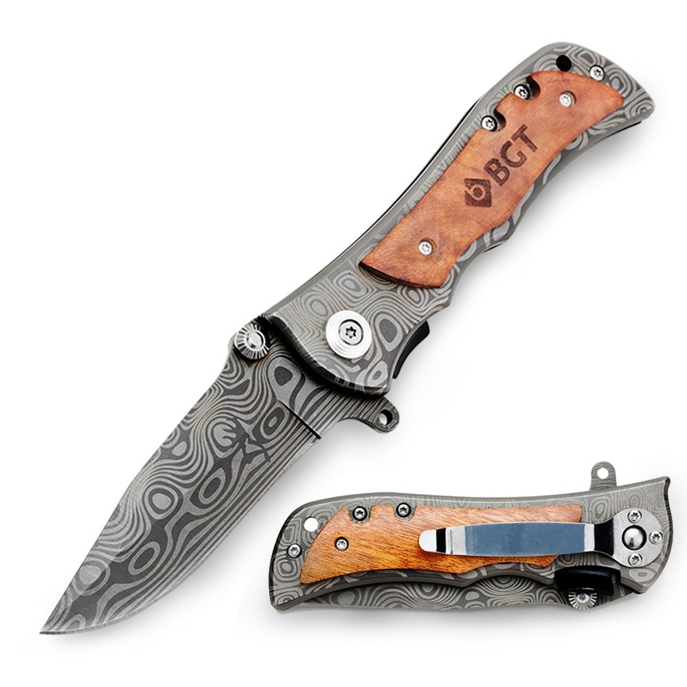 BGT Classical Tactical Knife Damascus Pattern Liner Lock Folding Pocket