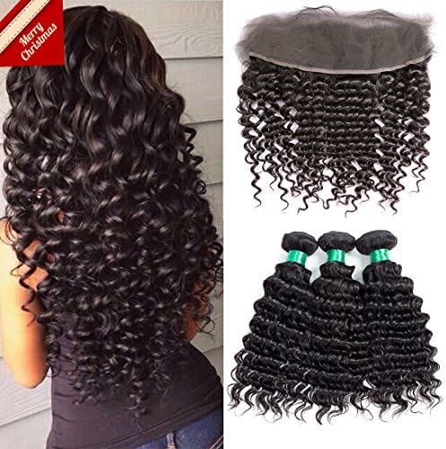 MQYQ Deep Wave 3 Bundles with Lace Frontal Closure 13x4 Ear to Ear Lace Front Closure Brazilian Virgin Hair Deep Curly Unprocessed Human Hair Weave Natural Color (12+14 16 18)