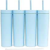 STRATA CUPS Perwinkle Skinny Tumblers with Lids and Straws (4 pack), 16oz Matte Pastel Colored Acrylic Tumblers with Lids and Straws, Double Wall Skinny Tumbler Bulk, Reusable Cup with Straw Cleaner