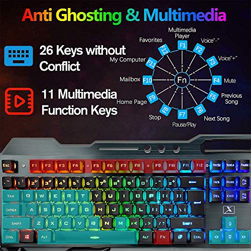 juego de auriculares inalámbricos con teclado, mouse y bluetooth para juegos con 16 baterías recargables con retroiluminación rgb, metal, mecánico, ergonómico, impermeable, a prueba de polvo, reposamanos extraíble para computadora portátil, jugador 