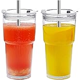 Glass Cups with Lids and Straws, Iced Coffee Cups with Lids,Stylish Ribbed Design Glass Coffee Cups, Drinking Glasses for Iced Coffee,Smoothies,Tea,Juice,Leak-Proof, Ideal for Home and Outdoor Use