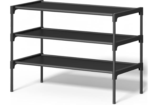 SONGMICS Shoe Rack, Space-Saving Entryway Organizer, 3-Tier, Ink Black | 3-Tier Shoe Storage Organizer, Non-Woven Fabric Shel