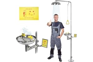 AIWFL Emergency Shower and Eye Wash Station, 304 Stainless Steel Combination Eye Wash Shower Station, Eyewash Shower Stations for Industrial & Commercial & Lab Use, NPT Threads, with Eyewash Sign