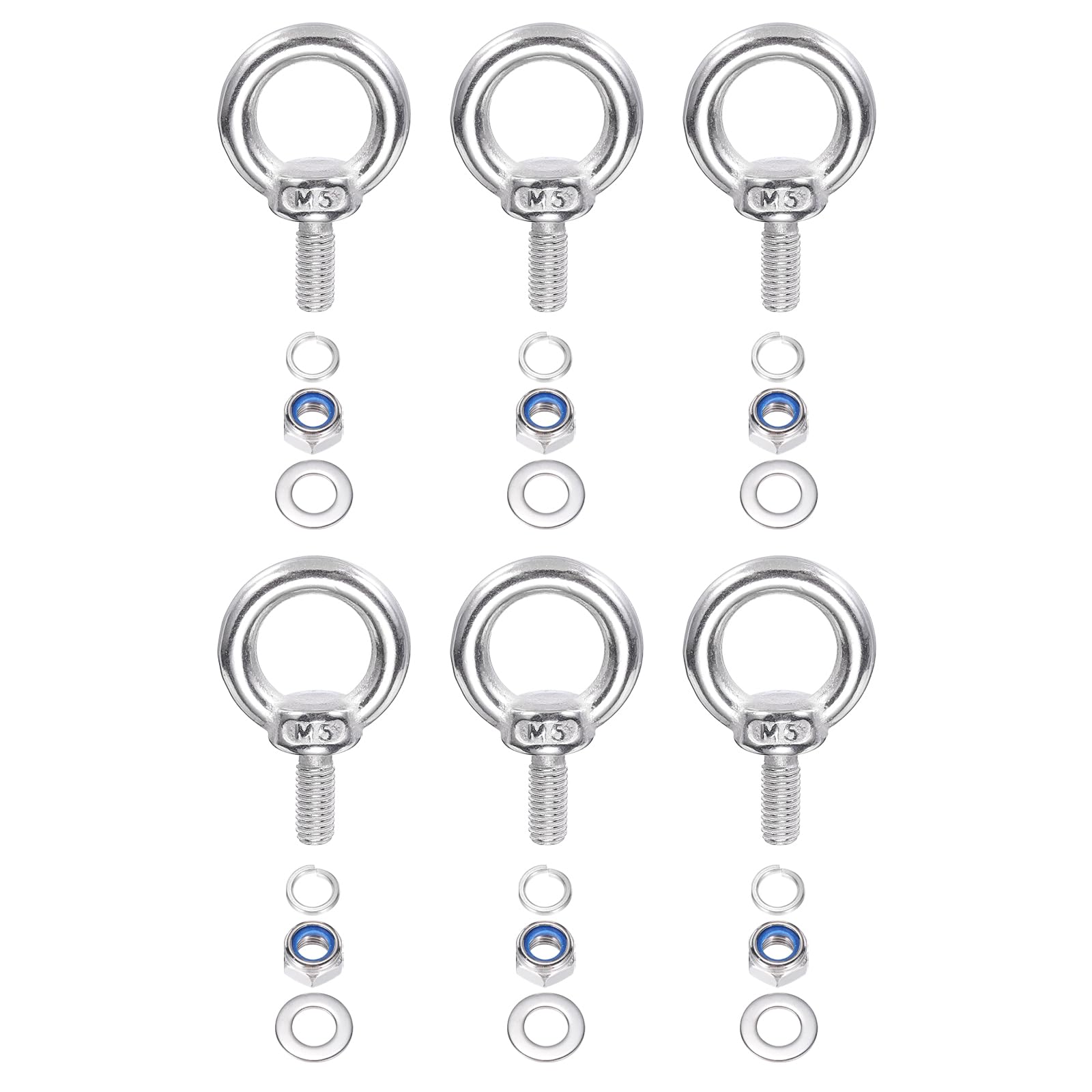 PATIKIL M5 x 10mm Lifting Shoulder Eye Bolt, 6Pcs 304 Stainless Steel Lifting Ring Threaded Eyebolt with Nuts Washers for Hanging Hammocks Articles