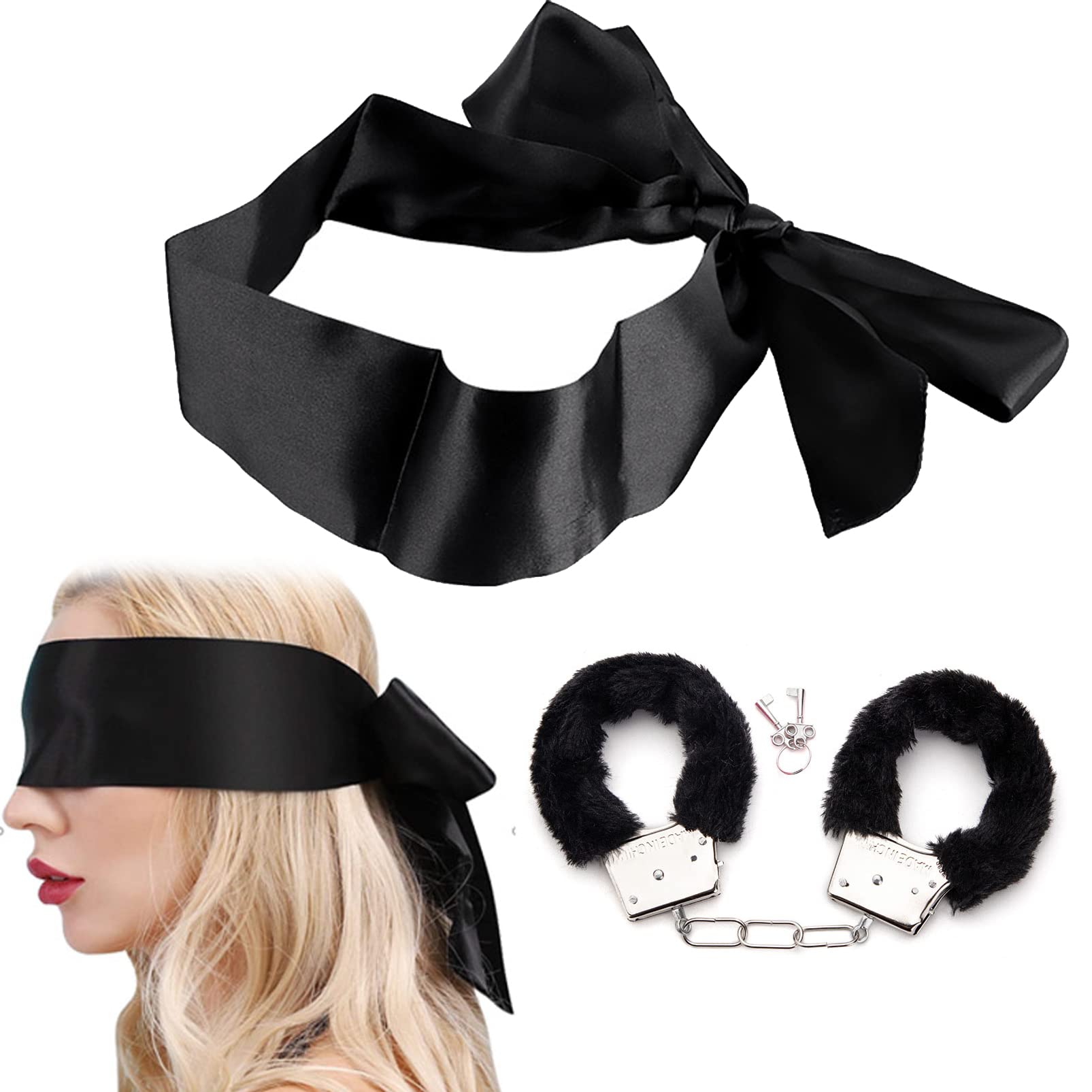 Fluffy Handcuffs, Metal Handcuff with 2 Keys, Sleep Eye Mask Play,Cosplay Costume Props for Cosplay,Valentine's Gift Handcuffs Prop Dress Ball Party (Black)