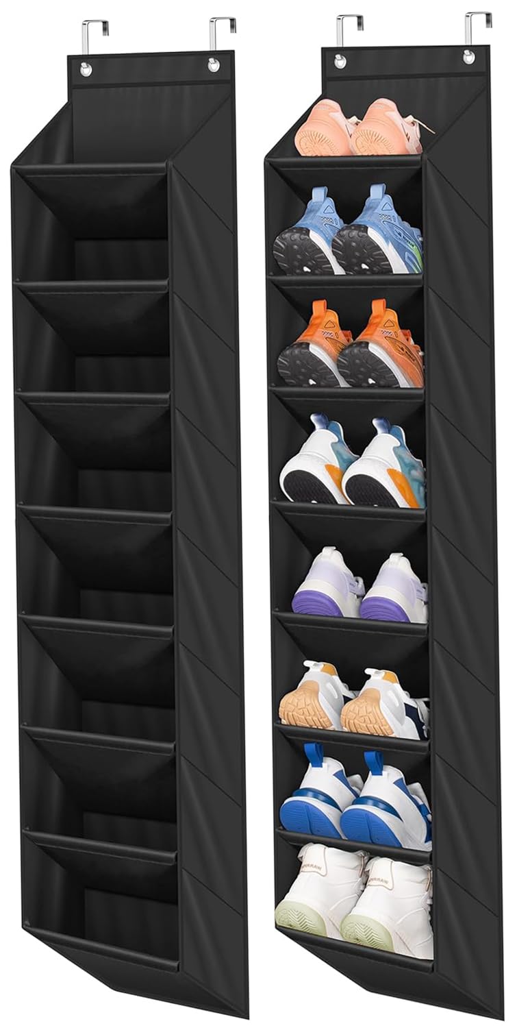 MISSLO 2 Pack Over Door Shoe Storage with 8 Deep Pockets, Narrow Shoe Organiser Hanging for Closet Door Organizer Shoe Rack Hanger for Boots, Sneakers Holder (Black)