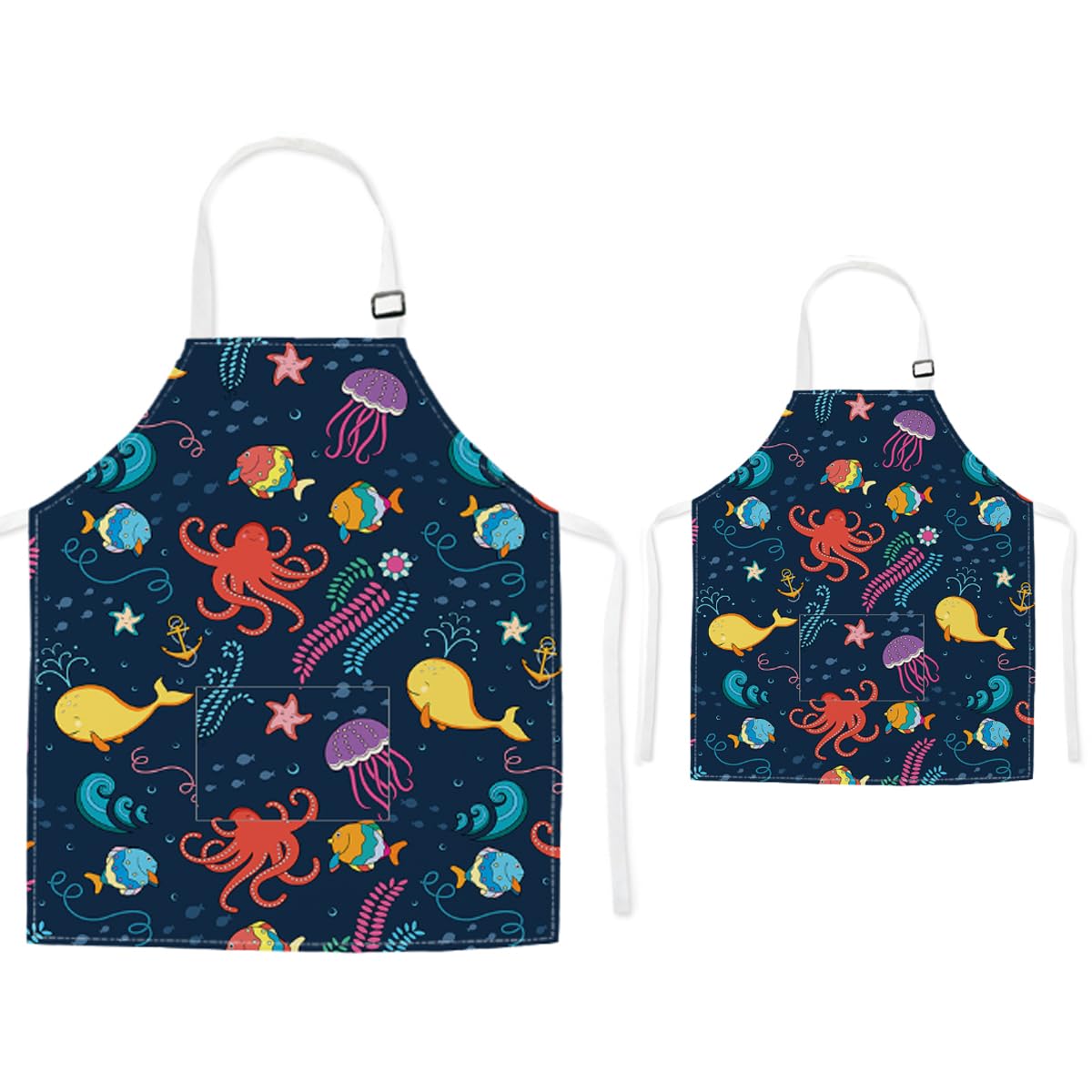 TRYTUTRY Parent Kid Aprons with Pocket - Cute Ocean Toddlers Apron, Adjustable Neck Buckle Adult and Kid Aprons for Artists Chef Baking Cooking