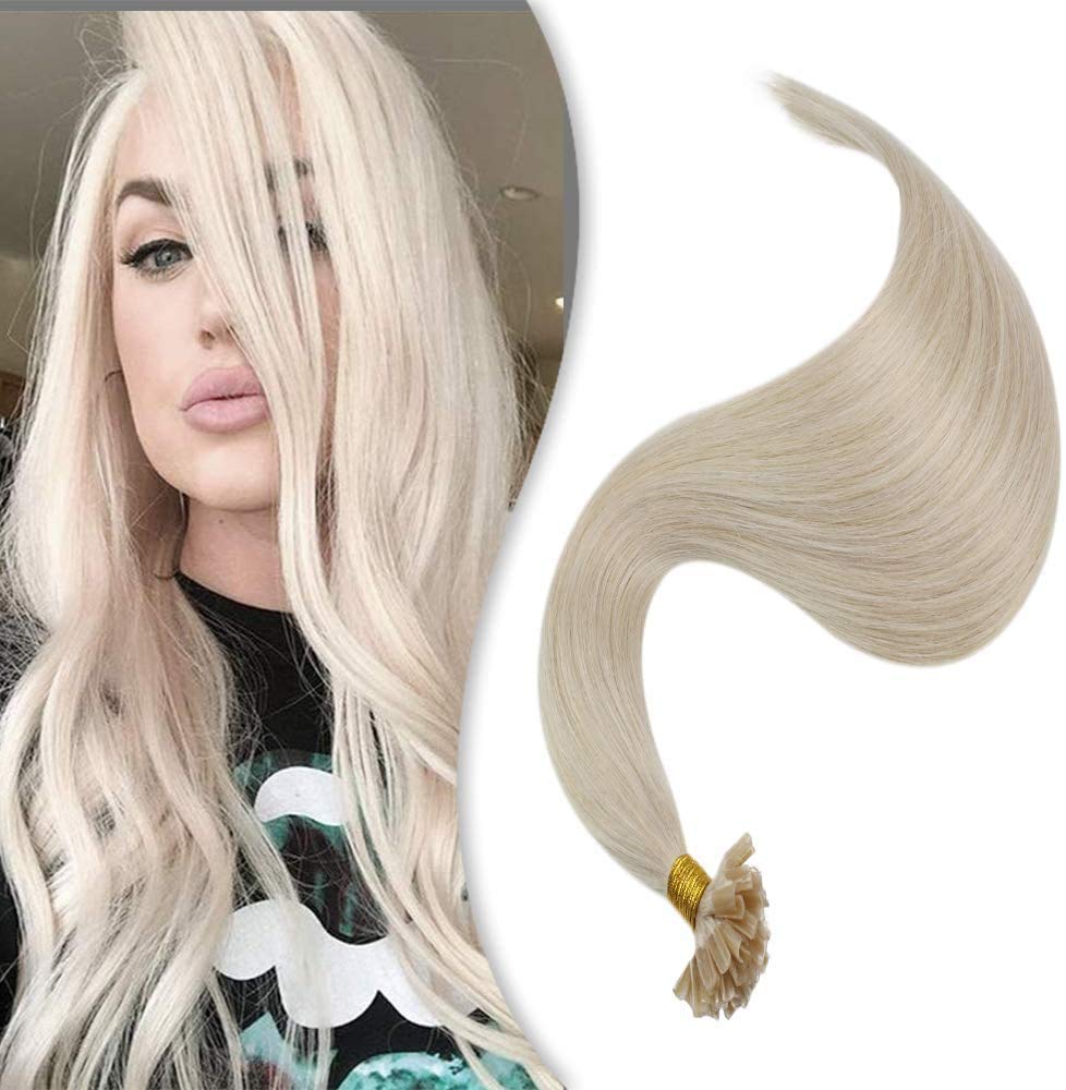 Youngsee 20 Inch U Tip Human Hair Extension Real Hair #60 Platinum Blonde Keratin Fusion Nail Hair Extensions 50 Gram Remy Fusion Human Hair Extension 1g Per Strand