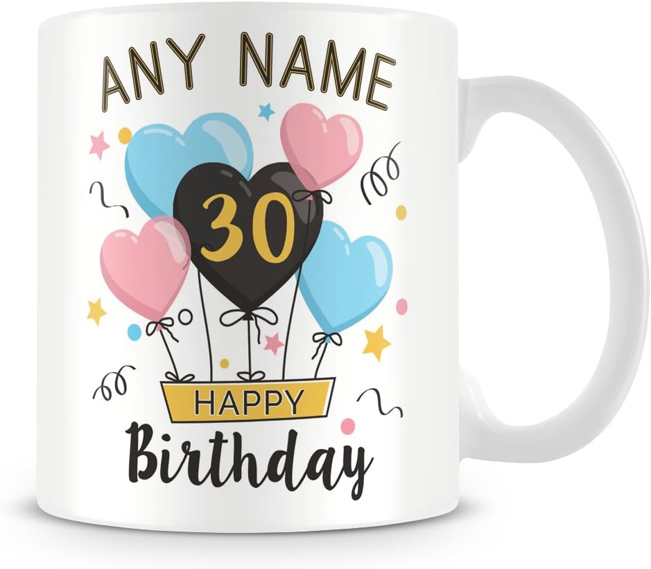 30th Birthday Gift- Personalised Mug/Cup - Add Name - Birthday Balloons Design
