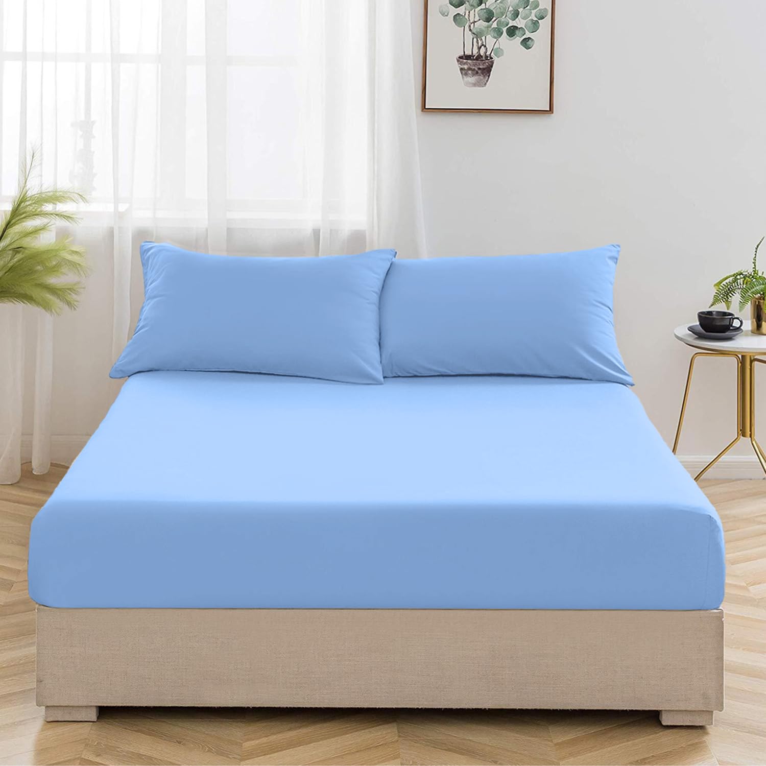 Oxford Homeware Light Blue King Size Fitted Sheets -100% Brushed Microfibre 1800 Easy Care 25 cm Deep King Size Bed Sheet Bedding - Shrinkage and Fade Resistance — image 1