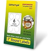 Gemsroyal 3 inch Round Labels Printable,Matte White Circle Labels for Printer,3" Large Printable Stickers,3" Blank Round Sticker Paper,40 Sheets,240 Circle Stickers,World Class Materials