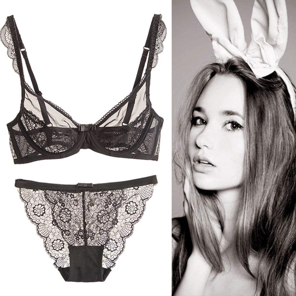 jiushixw Summer bud silk yarn bra ultra-thin transparent women's underwear set black 75B