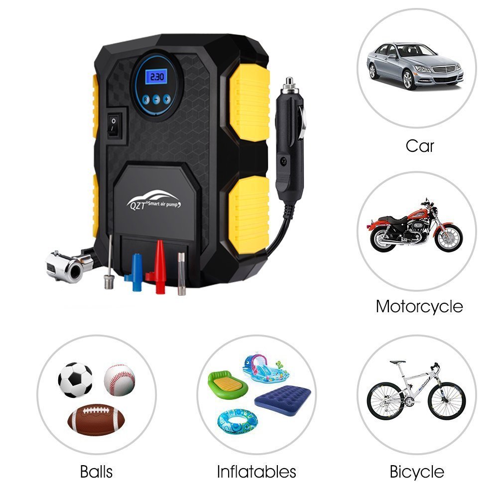 Compresseur d\'air Portable, QZT 12V Digital Compresseur avec Lampe LED ,3 Adaptateurs de Buse,Câble 3m -150PSI