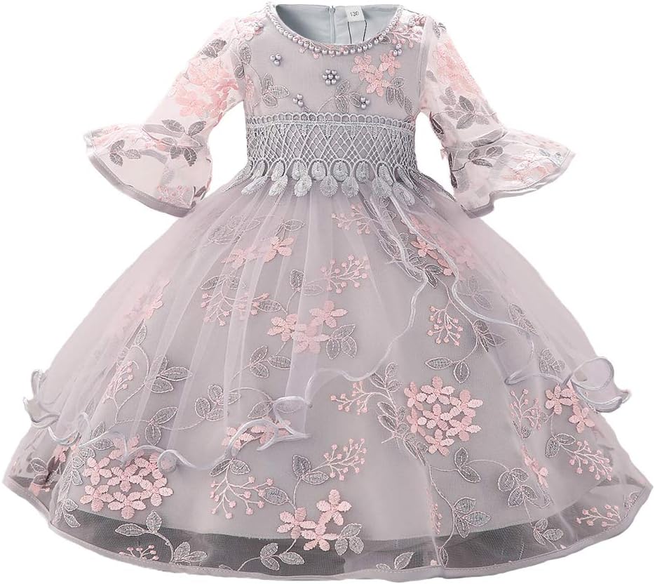 Myosotis510 Girls' Lace Princess Wedding Baptism Dress Long Sleeve Formal Party Wear for Toddler Baby Girl