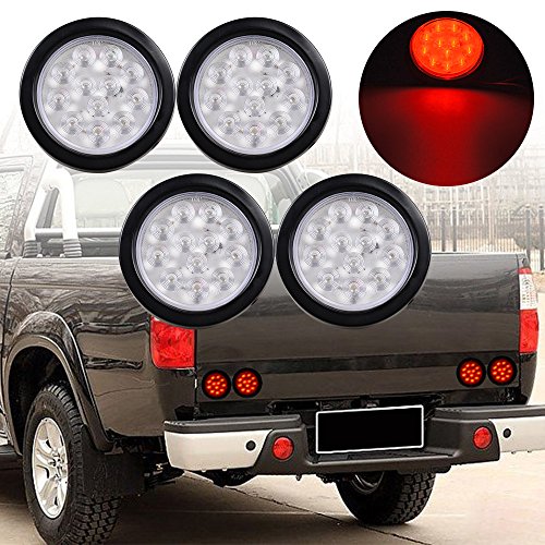 8pcs 4" Round 12 LED Clear Lens Red Light Brake Stop Tail Light Reverse Grommet Plug for Truck Trailer RV UTE UTV