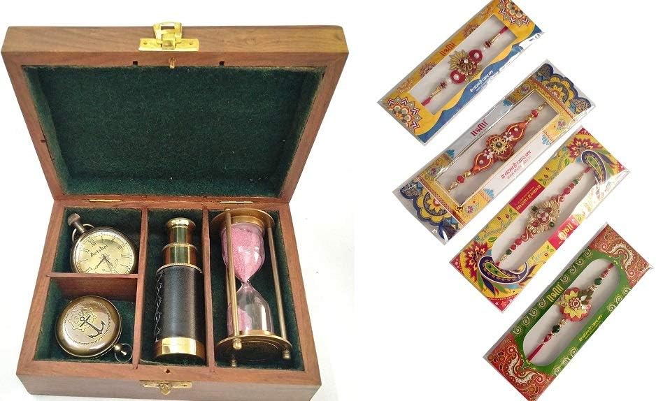 Artshai Excellent Combo of Designer Rakhi (Pack of 4) Telescope, Hourglass, Magnetic Compass and Pocket Watch with sheesham Wood Box