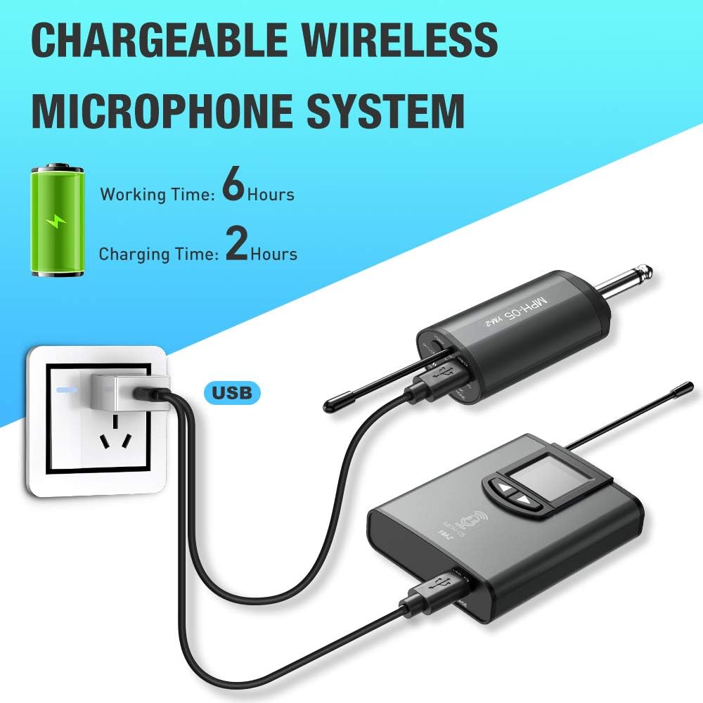 UHF Wireless Microphone System Headset Mic/Stand Mic/Lavalier Lapel Mic with Rechargeable Bodypack Transmitter & Receiver 1/4" Output for iPhone, PA speaker, DSLR Camera, Recording, Teaching: Musical Instruments
