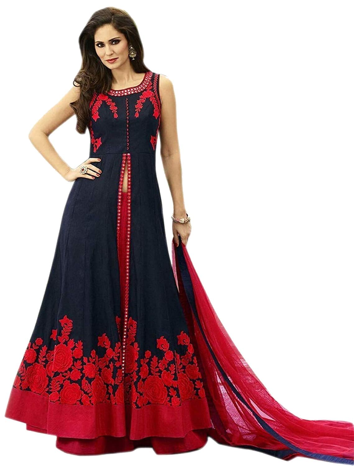 drashti villa women's embroidered semi stitched anarkali gown (free size) (blue)